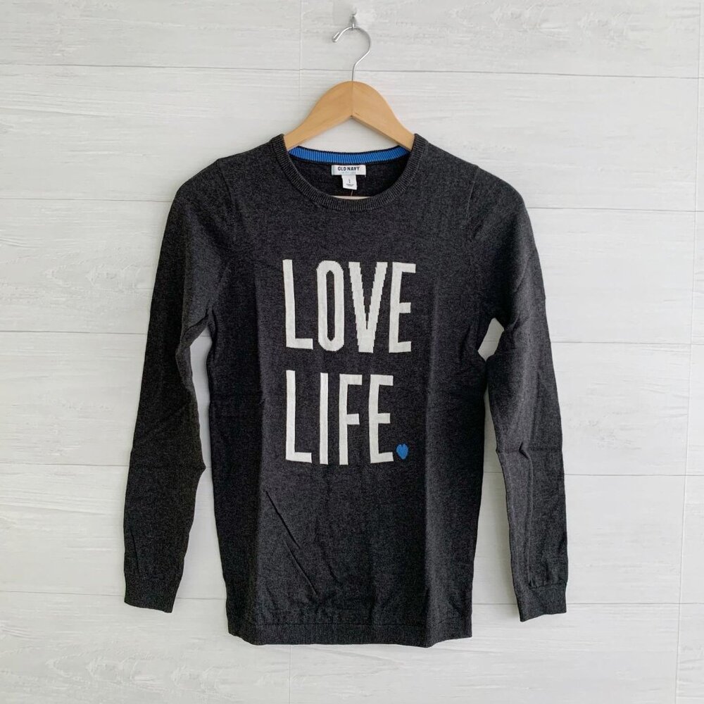 NWT Old Navy - gray Love Life blue heart long sleeve crewneck cotton sweater, S